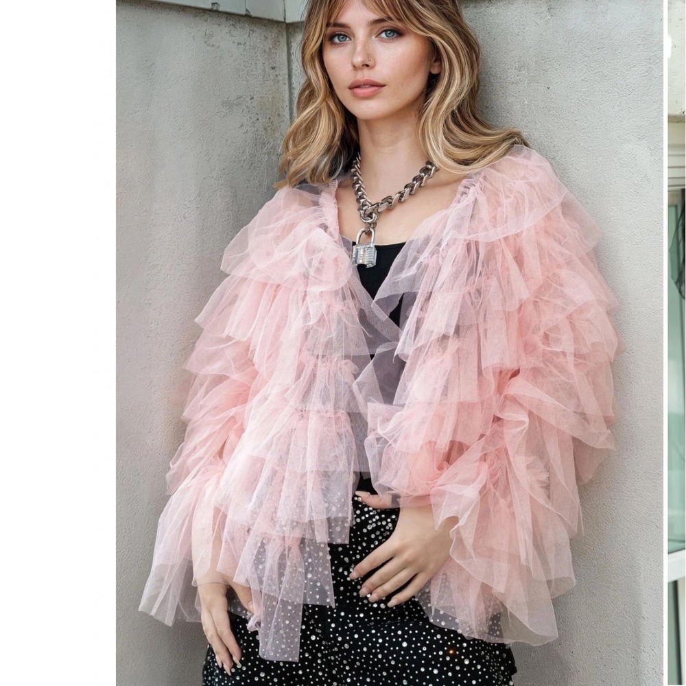 Kate Hewko Tiered Tulle Cardigan Pink Ruffle Mesh Open Front Jacket Large NEW
